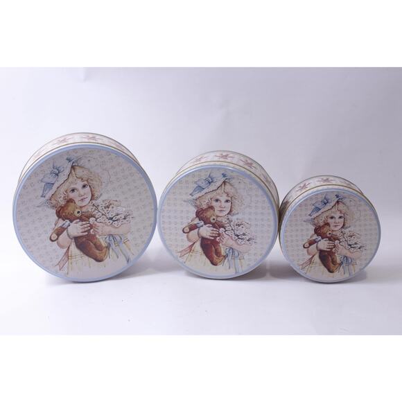 Meg by Jan Hagara, Stacking Tin Boxes, Set of 3, Little Girl with Teddy Bear, - Picture 1 of 3
